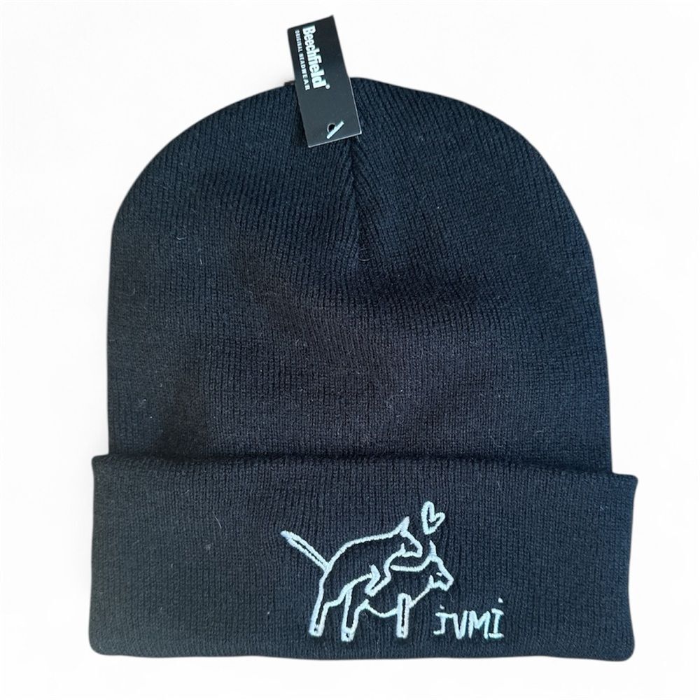 New Beechfield Black Beanie Cow Cheese Embroidery NWT Unisex Cuffed Winter Hat